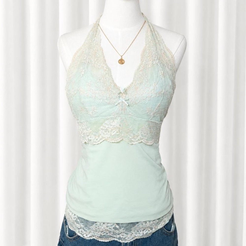 Y2K Mint Lace Halter Top